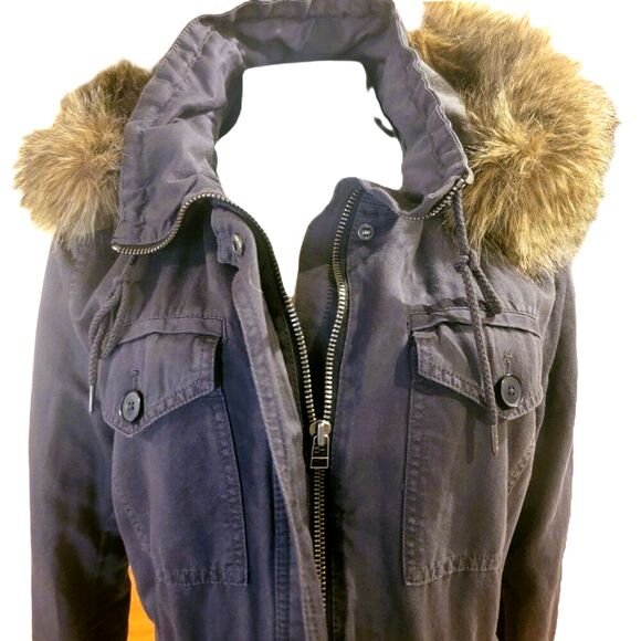 LOFT Cargo Utility Charcoal Grey Zip up & snap Removable Fur Trim Hood Petite Lg - Picture 2 of 10